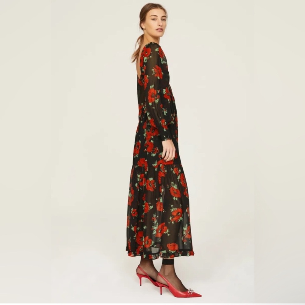 Rixo black red floral Yas long sleeve midi square neck dress size L or 10 - Picture 4 of 8